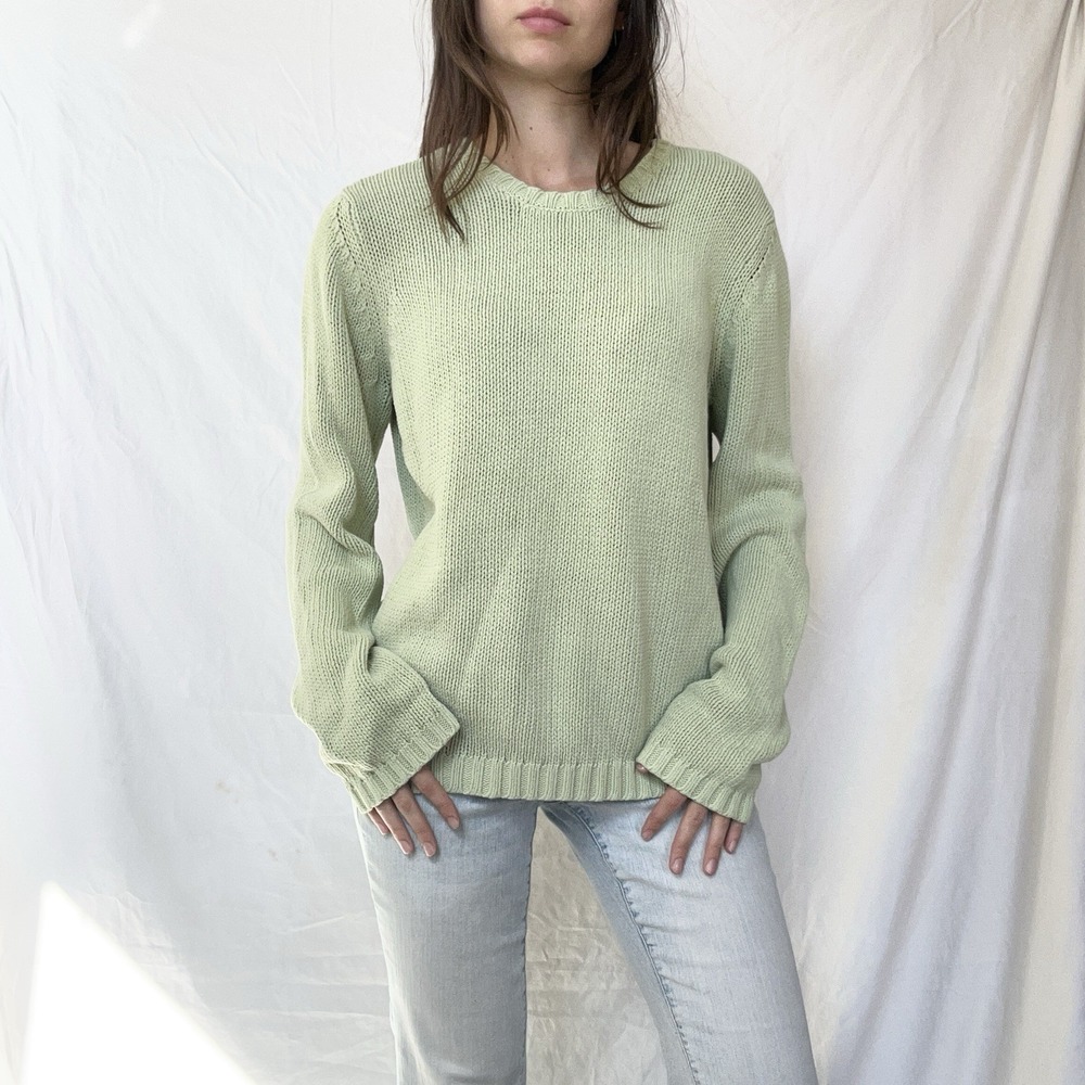 Vintage Pastel Green Knit Sweater 90s Cottagecore Fisherman Coastal Lagenlook